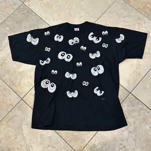 Vintage Jerzees Shirt Mens XL Black Eyes All Over Print 50/50 Heavyweight USA